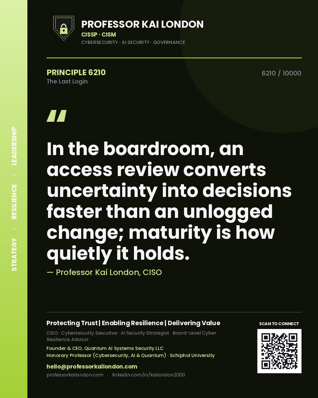 Professor Kai London principle 6210: In the boardroom, an access review converts uncertainty into decisions faster than an unlogged change; maturity is how quietly it holds.
