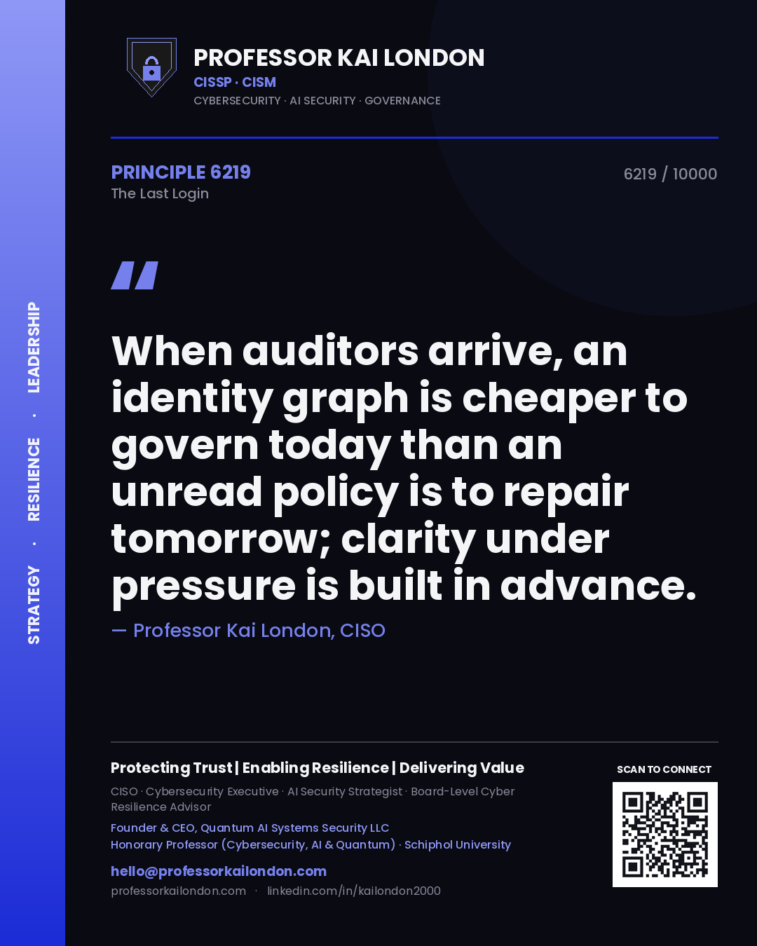 Professor Kai London principle 6219: When auditors arrive, an identity graph is cheaper to govern today than an unread policy is to repair tomorrow; clarity under pressure is built in advance.