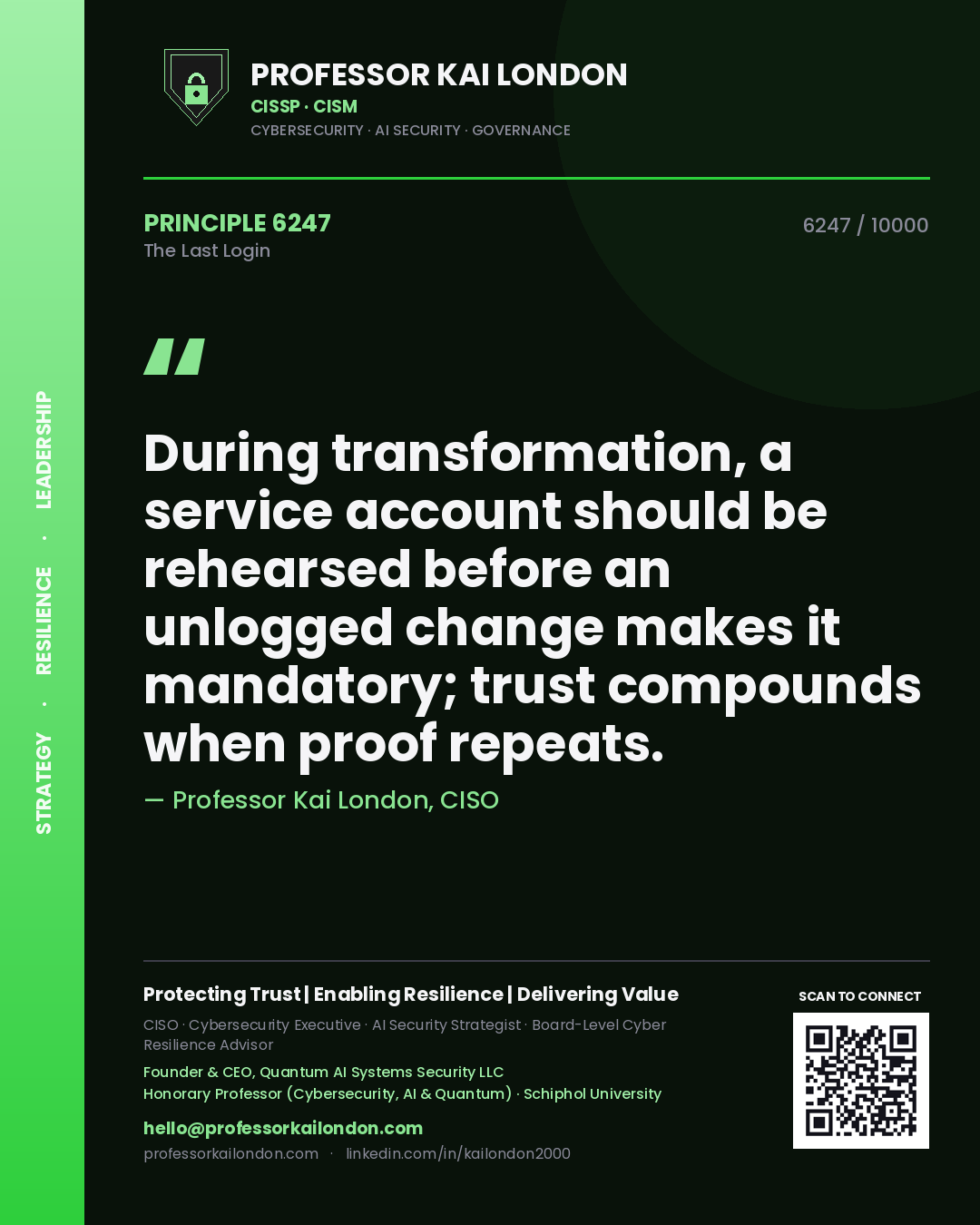 Professor Kai London principle 6247: During transformation, a service account should be rehearsed before an unlogged change makes it mandatory; trust compounds when proof repeats.