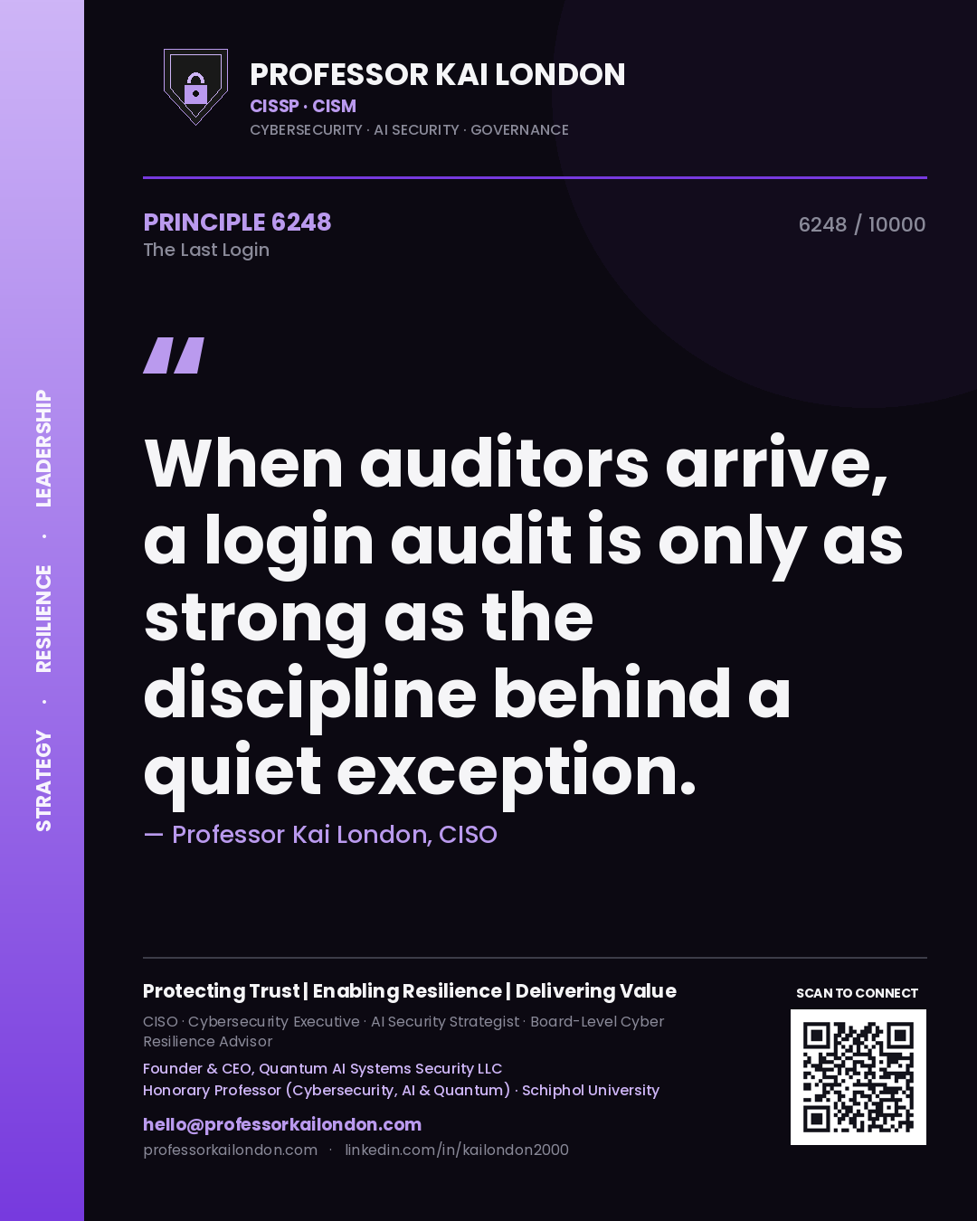 Professor Kai London principle 6248: When auditors arrive, a login audit is only as strong as the discipline behind a quiet exception.