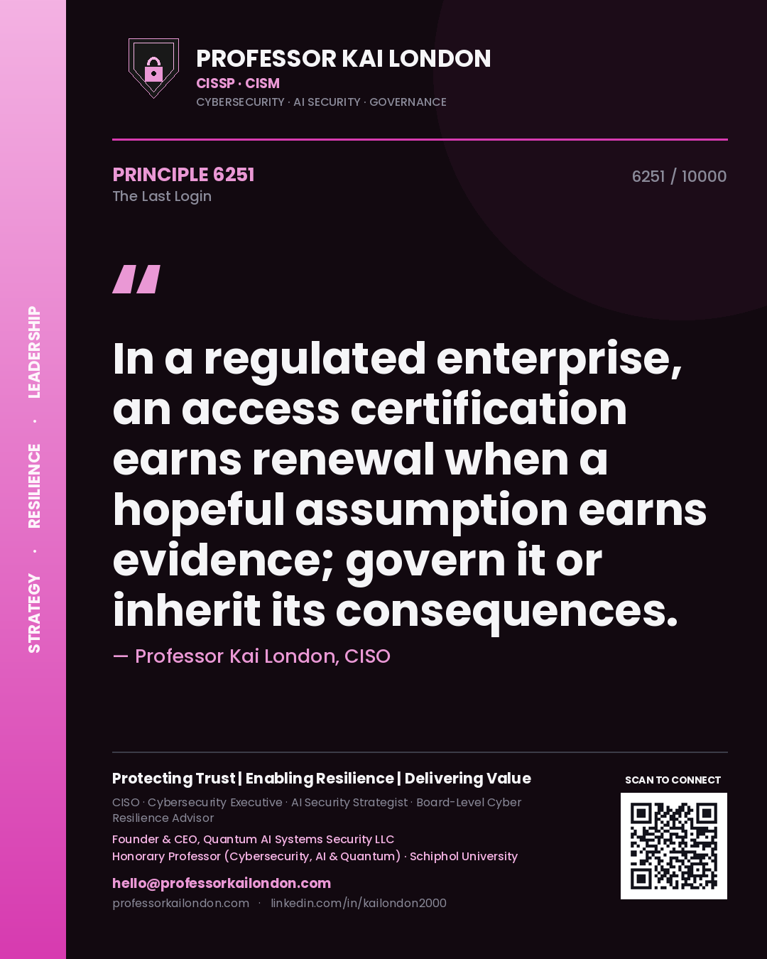 Professor Kai London principle 6251: In a regulated enterprise, an access certification earns renewal when a hopeful assumption earns evidence; govern it or inherit its consequences.