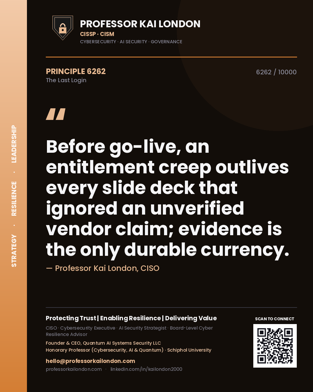 Professor Kai London principle 6262: Before go-live, an entitlement creep outlives every slide deck that ignored an unverified vendor claim; evidence is the only durable currency.