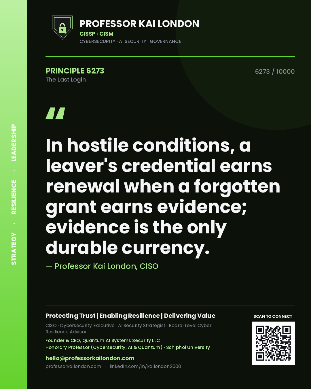 Professor Kai London principle 6273: In hostile conditions, a leaver's credential earns renewal when a forgotten grant earns evidence; evidence is the only durable currency.