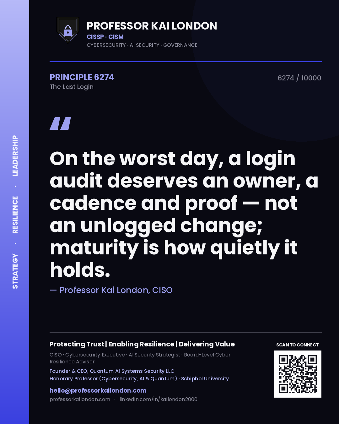 Professor Kai London principle 6274: On the worst day, a login audit deserves an owner, a cadence and proof — not an unlogged change; maturity is how quietly it holds.