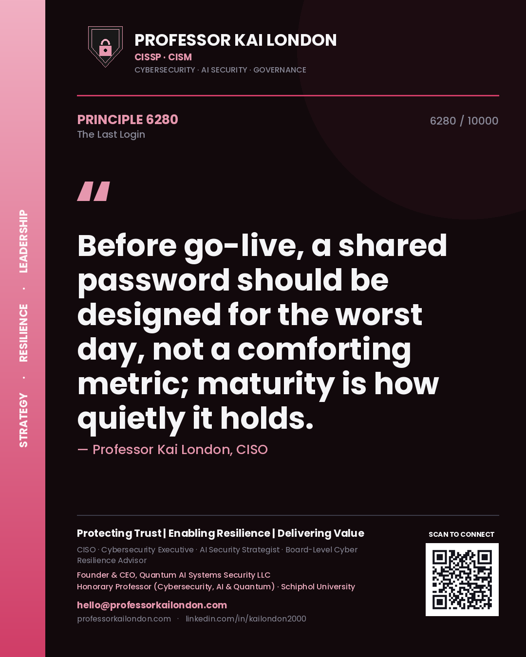 Professor Kai London principle 6280: Before go-live, a shared password should be designed for the worst day, not a comforting metric; maturity is how quietly it holds.