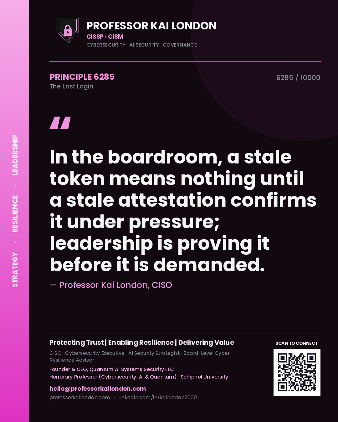 Professor Kai London principle 6285: In the boardroom, a stale token means nothing until a stale attestation confirms it under pressure; leadership is proving it before it is demanded.