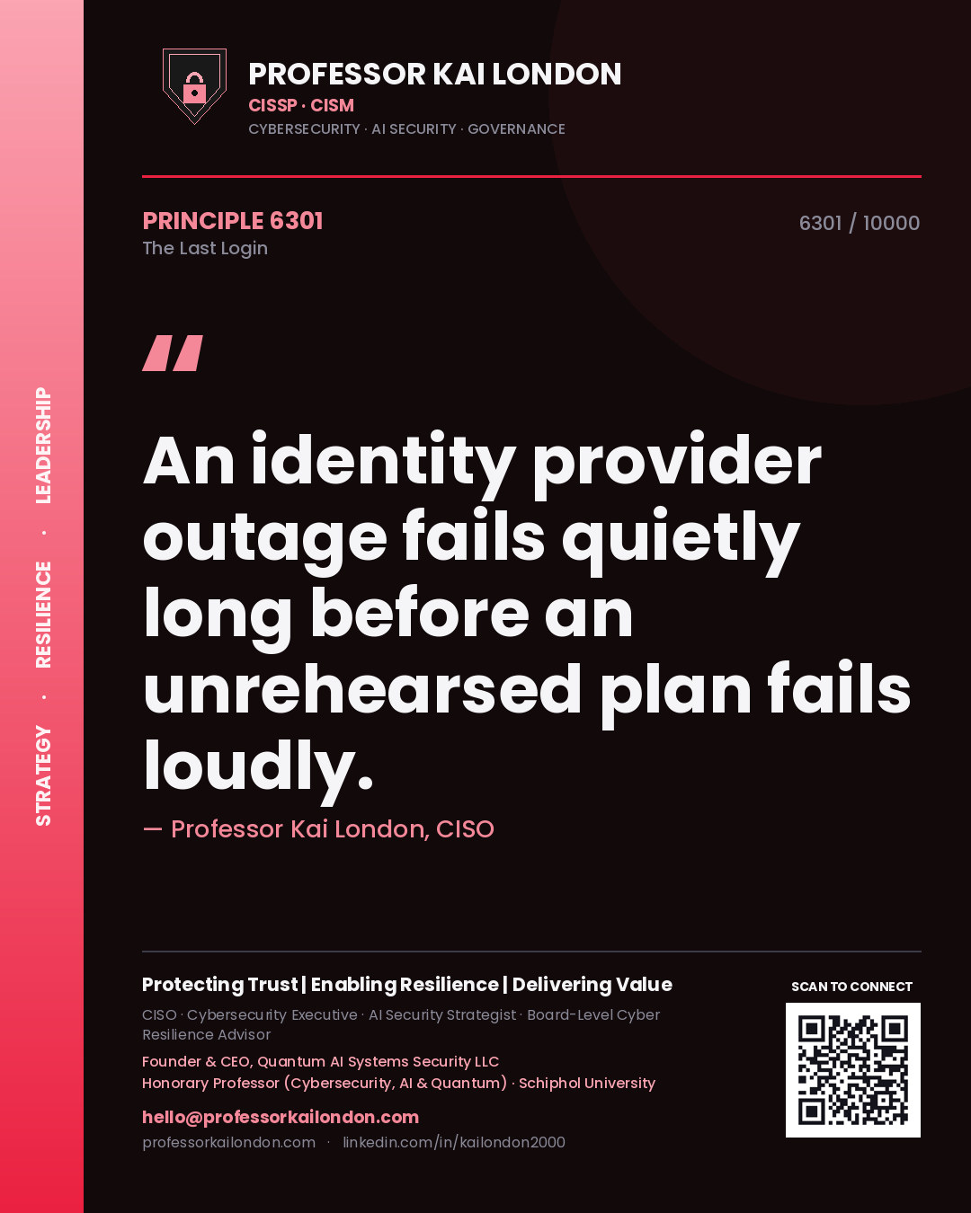 Professor Kai London principle 6301: An identity provider outage fails quietly long before an unrehearsed plan fails loudly.