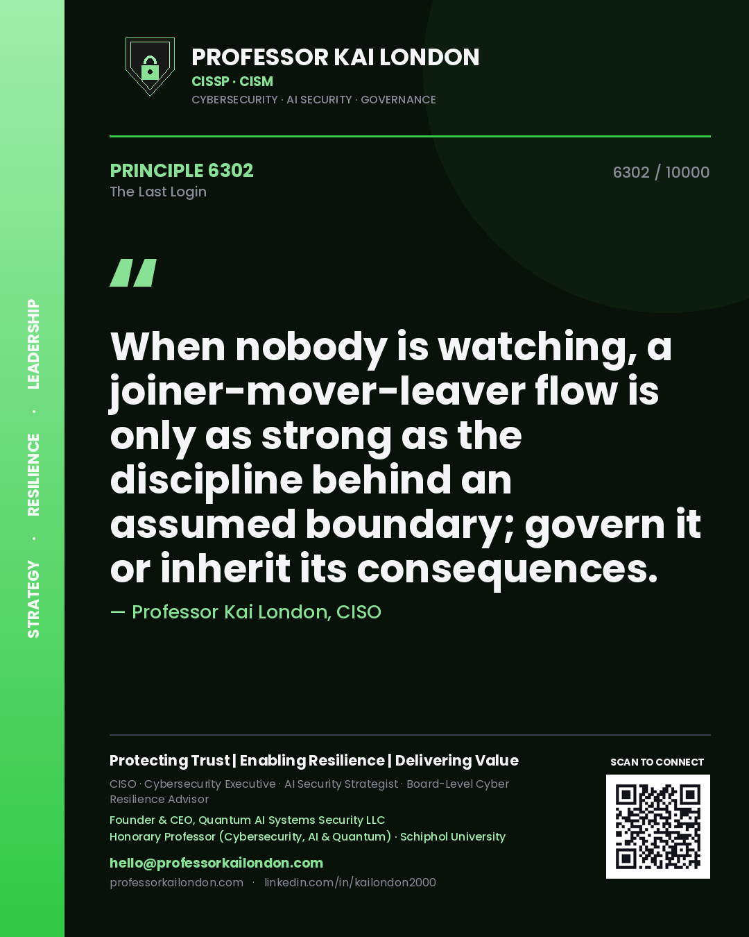 Professor Kai London principle 6302: When nobody is watching, a joiner-mover-leaver flow is only as strong as the discipline behind an assumed boundary; govern it or inherit its consequences.