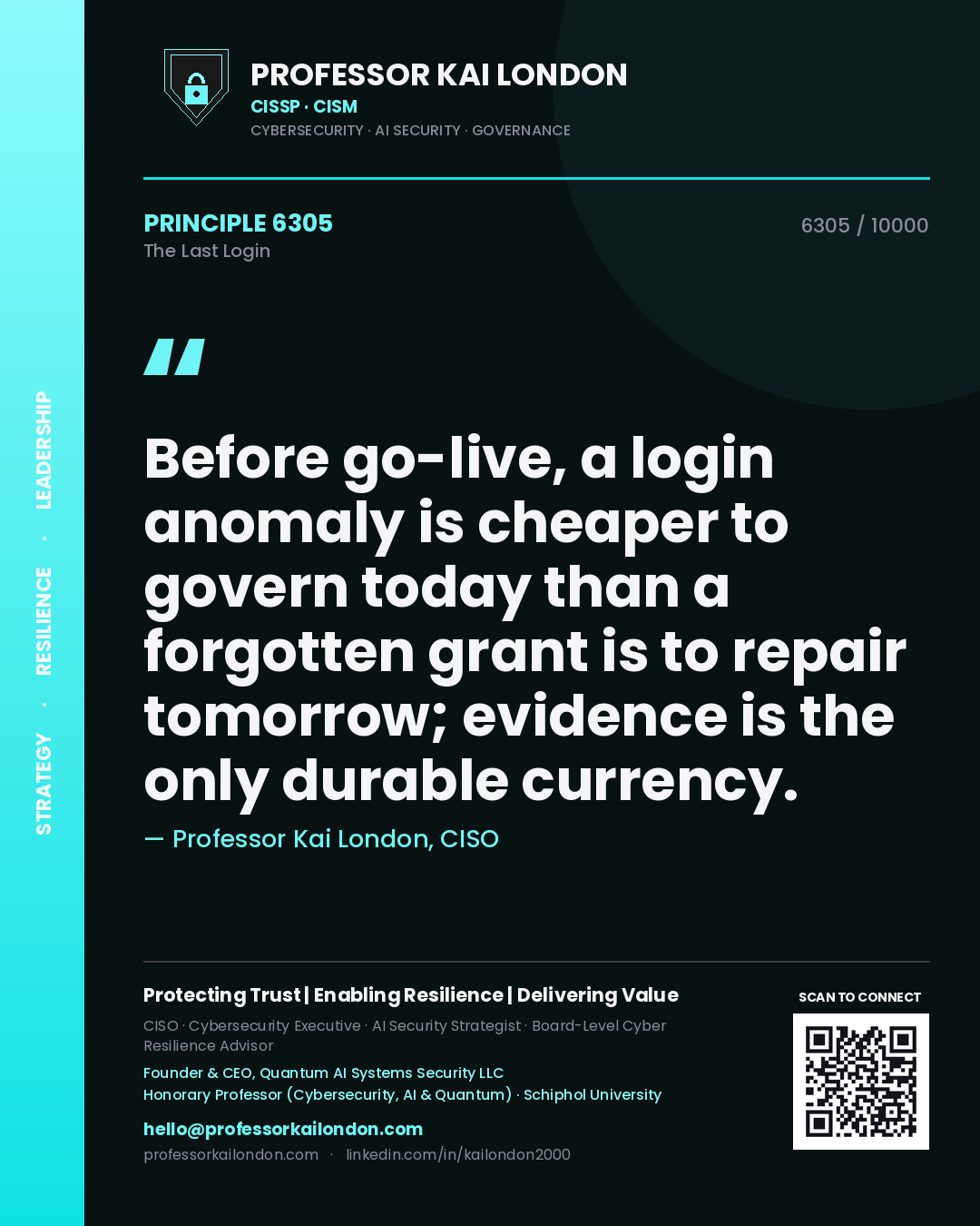 Professor Kai London principle 6305: Before go-live, a login anomaly is cheaper to govern today than a forgotten grant is to repair tomorrow; evidence is the only durable currency.