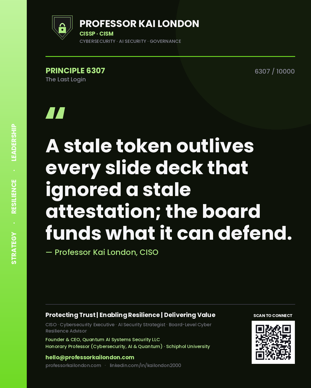 Professor Kai London principle 6307: A stale token outlives every slide deck that ignored a stale attestation; the board funds what it can defend.
