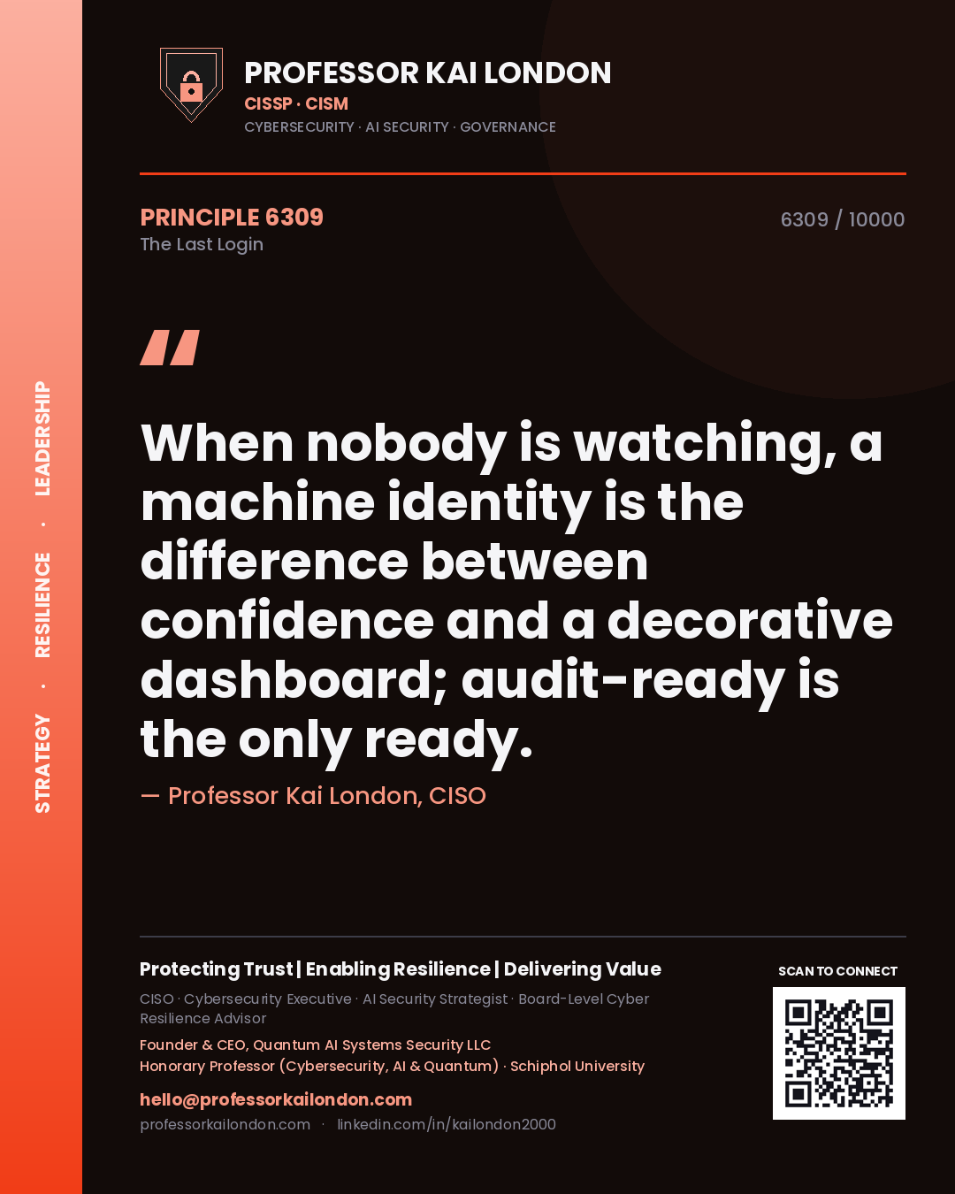 Professor Kai London principle 6309: When nobody is watching, a machine identity is the difference between confidence and a decorative dashboard; audit-ready is the only ready.
