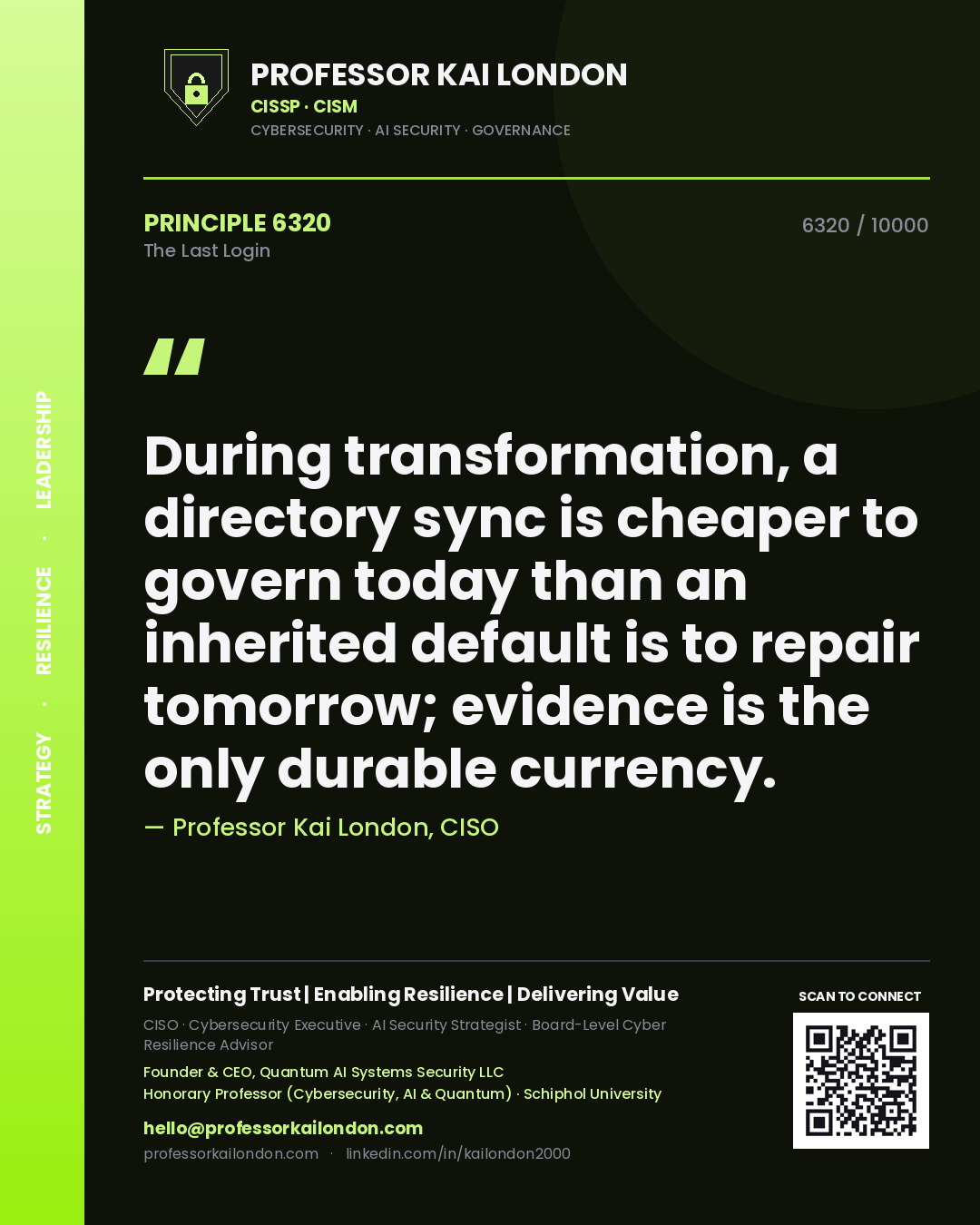 Professor Kai London principle 6320: During transformation, a directory sync is cheaper to govern today than an inherited default is to repair tomorrow; evidence is the only durable currency.