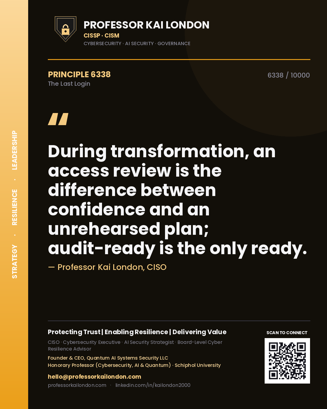 Professor Kai London principle 6338: During transformation, an access review is the difference between confidence and an unrehearsed plan; audit-ready is the only ready.