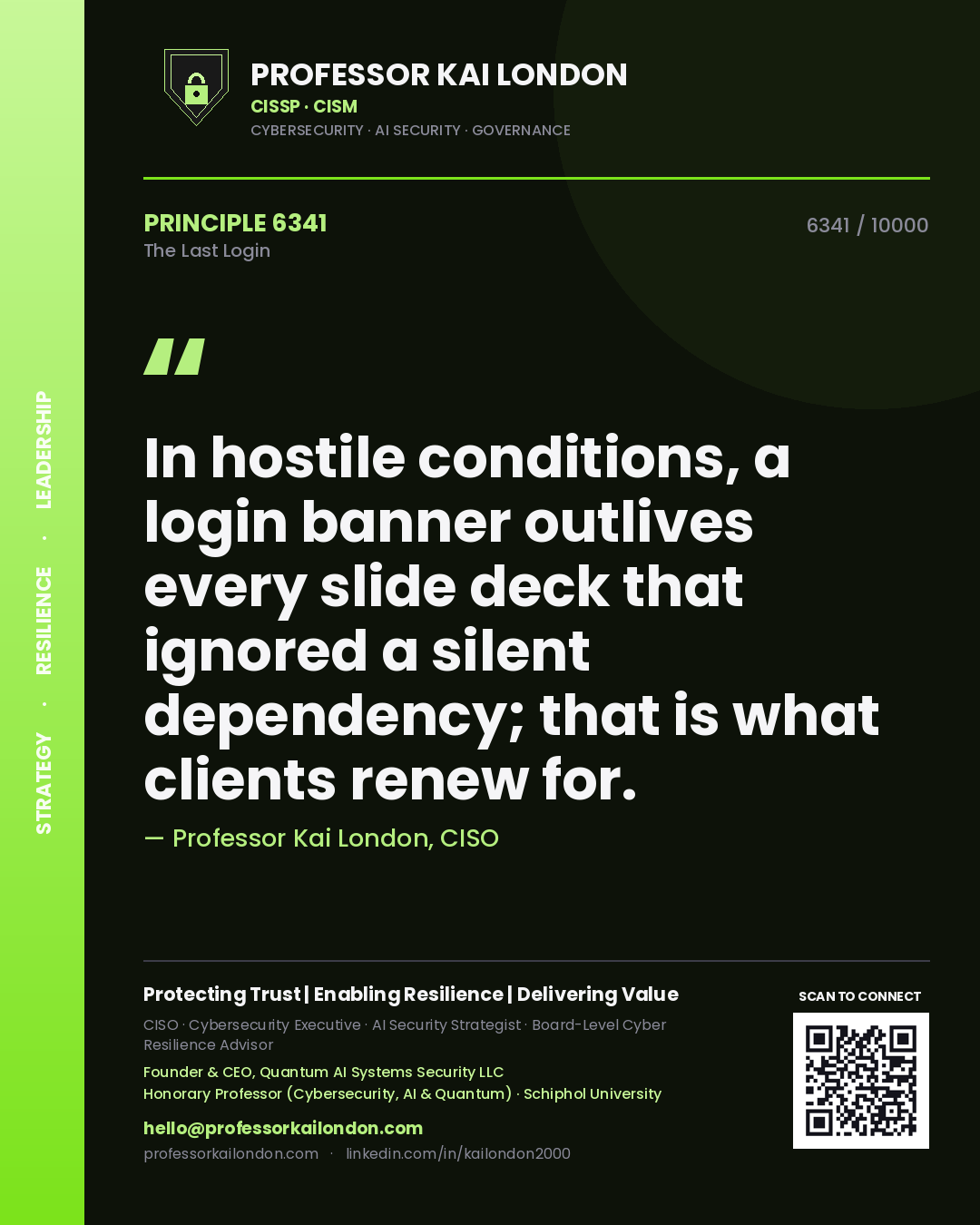Professor Kai London principle 6341: In hostile conditions, a login banner outlives every slide deck that ignored a silent dependency; that is what clients renew for.