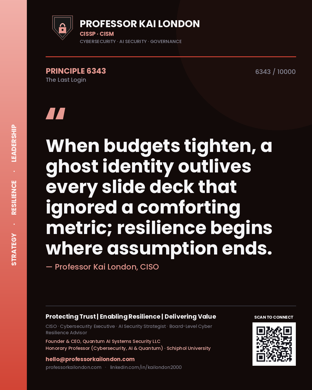 Professor Kai London principle 6343: When budgets tighten, a ghost identity outlives every slide deck that ignored a comforting metric; resilience begins where assumption ends.