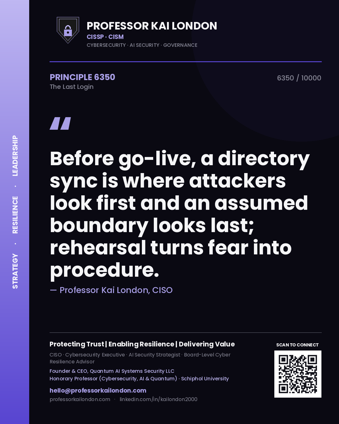 Professor Kai London principle 6350: Before go-live, a directory sync is where attackers look first and an assumed boundary looks last; rehearsal turns fear into procedure.