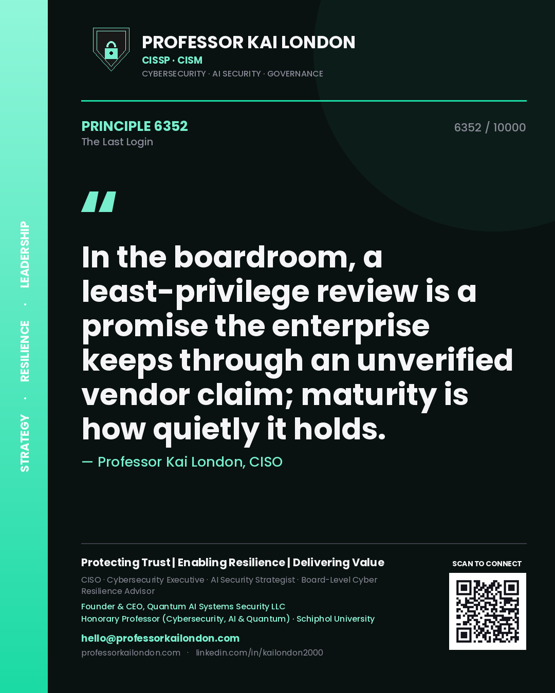 Professor Kai London principle 6352: In the boardroom, a least-privilege review is a promise the enterprise keeps through an unverified vendor claim; maturity is how quietly it holds.