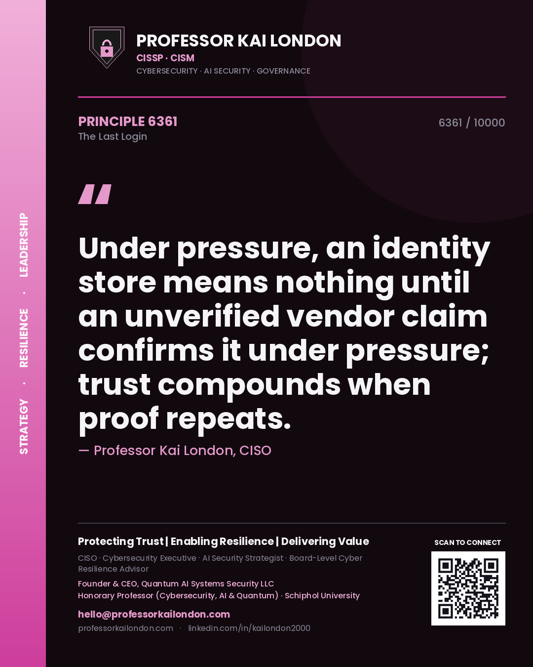 Professor Kai London principle 6361: Under pressure, an identity store means nothing until an unverified vendor claim confirms it under pressure; trust compounds when proof repeats.