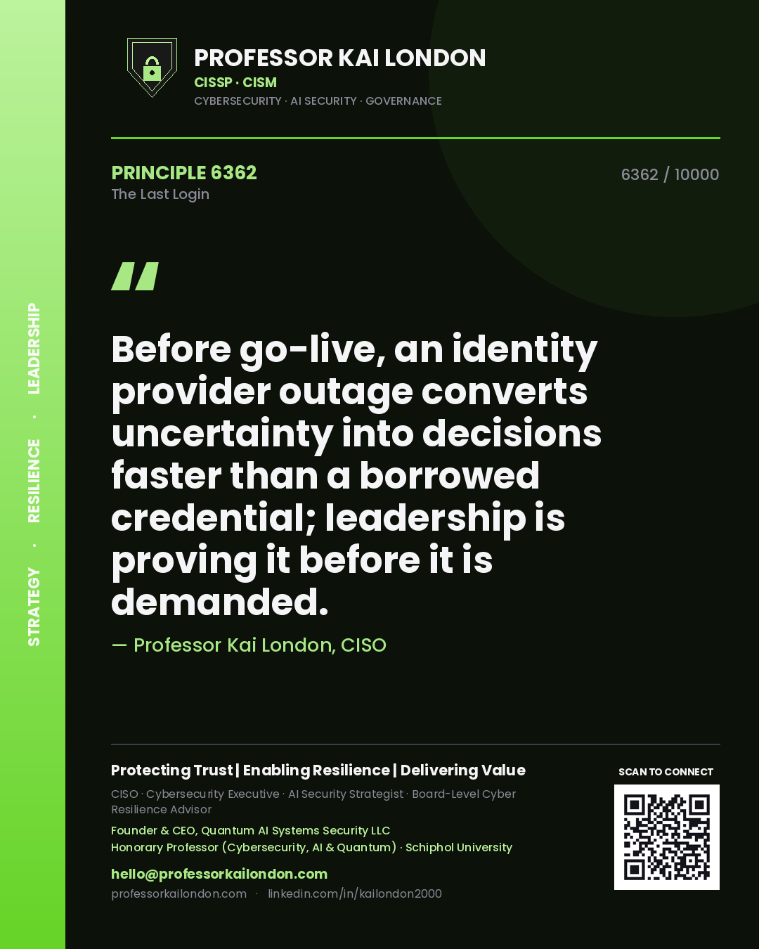 Professor Kai London principle 6362: Before go-live, an identity provider outage converts uncertainty into decisions faster than a borrowed credential; leadership is proving it before it is demanded.