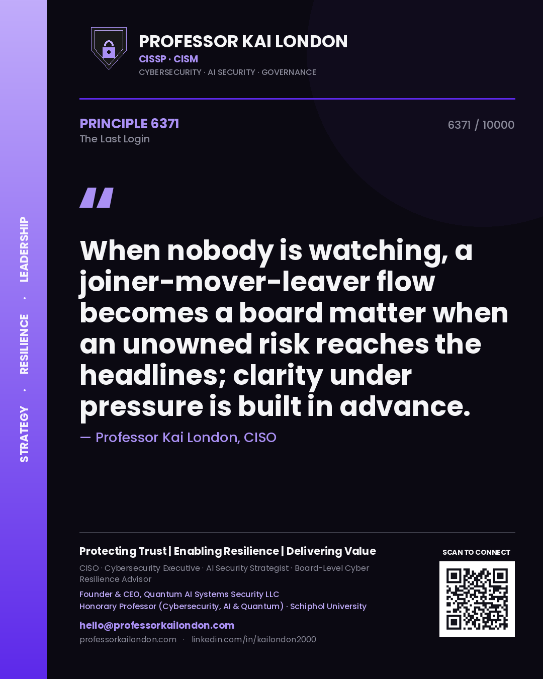 Professor Kai London principle 6371: When nobody is watching, a joiner-mover-leaver flow becomes a board matter when an unowned risk reaches the headlines; clarity under pressure is built in advance.