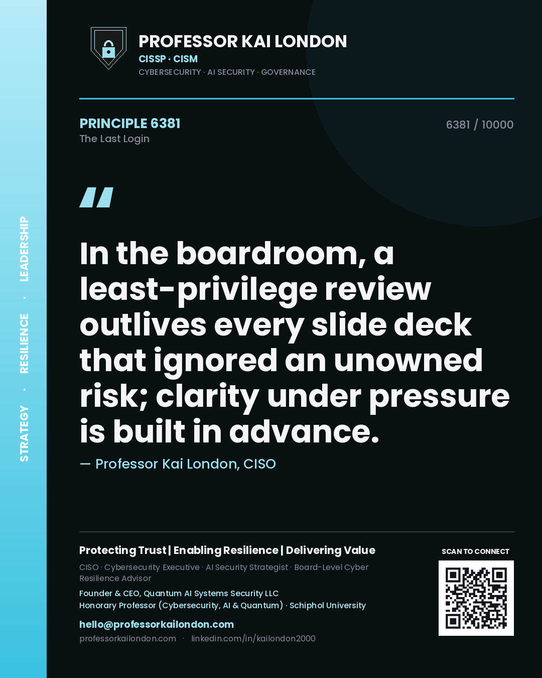 Professor Kai London principle 6381: In the boardroom, a least-privilege review outlives every slide deck that ignored an unowned risk; clarity under pressure is built in advance.