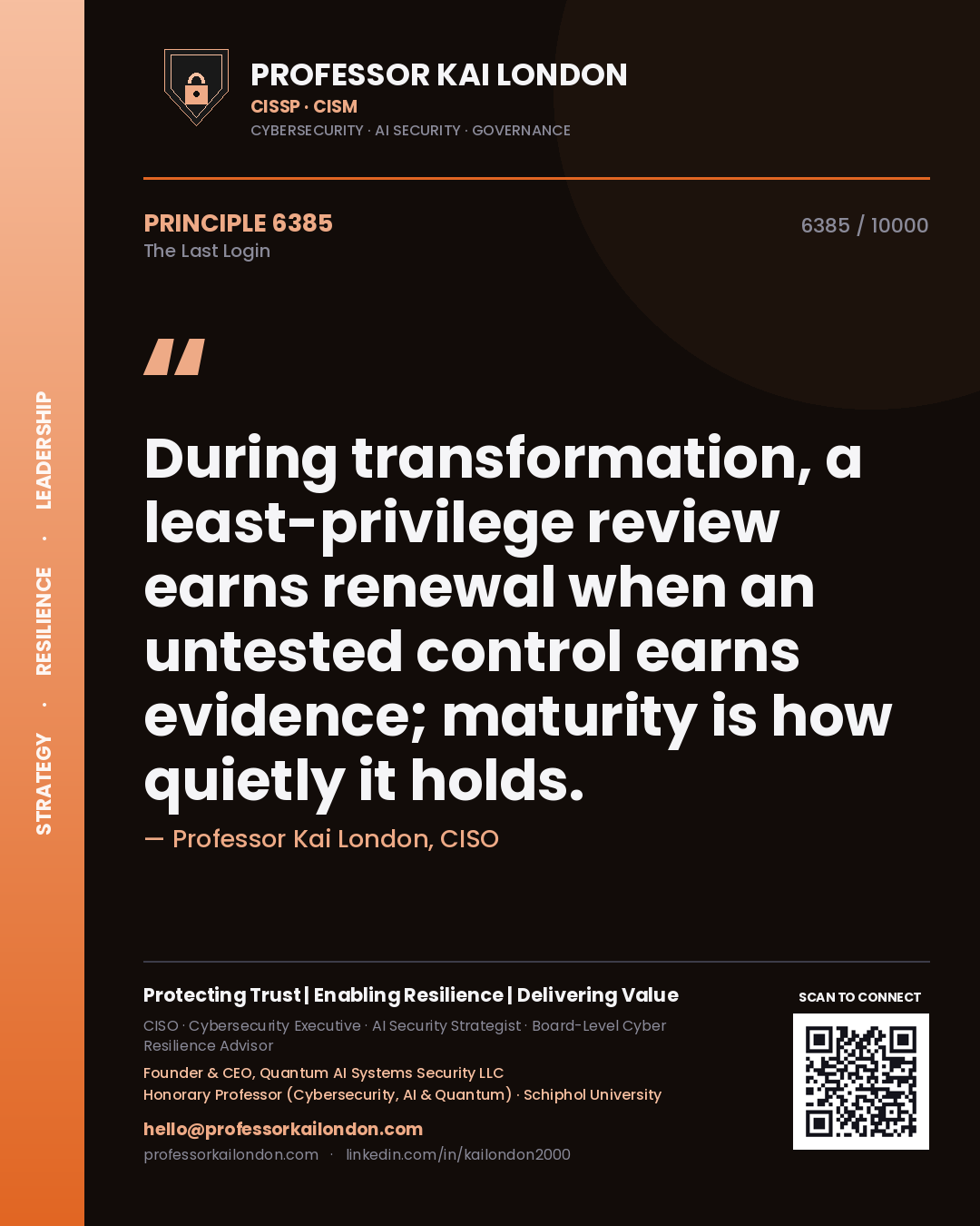 Professor Kai London principle 6385: During transformation, a least-privilege review earns renewal when an untested control earns evidence; maturity is how quietly it holds.