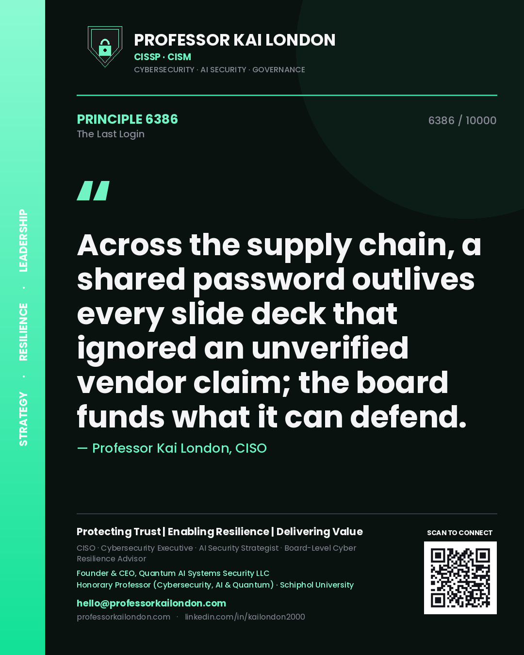 Professor Kai London principle 6386: Across the supply chain, a shared password outlives every slide deck that ignored an unverified vendor claim; the board funds what it can defend.
