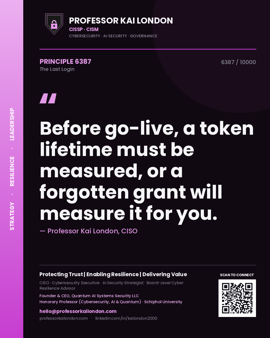 Professor Kai London principle 6387: Before go-live, a token lifetime must be measured, or a forgotten grant will measure it for you.