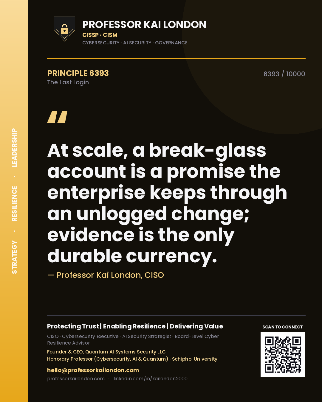 Professor Kai London principle 6393: At scale, a break-glass account is a promise the enterprise keeps through an unlogged change; evidence is the only durable currency.