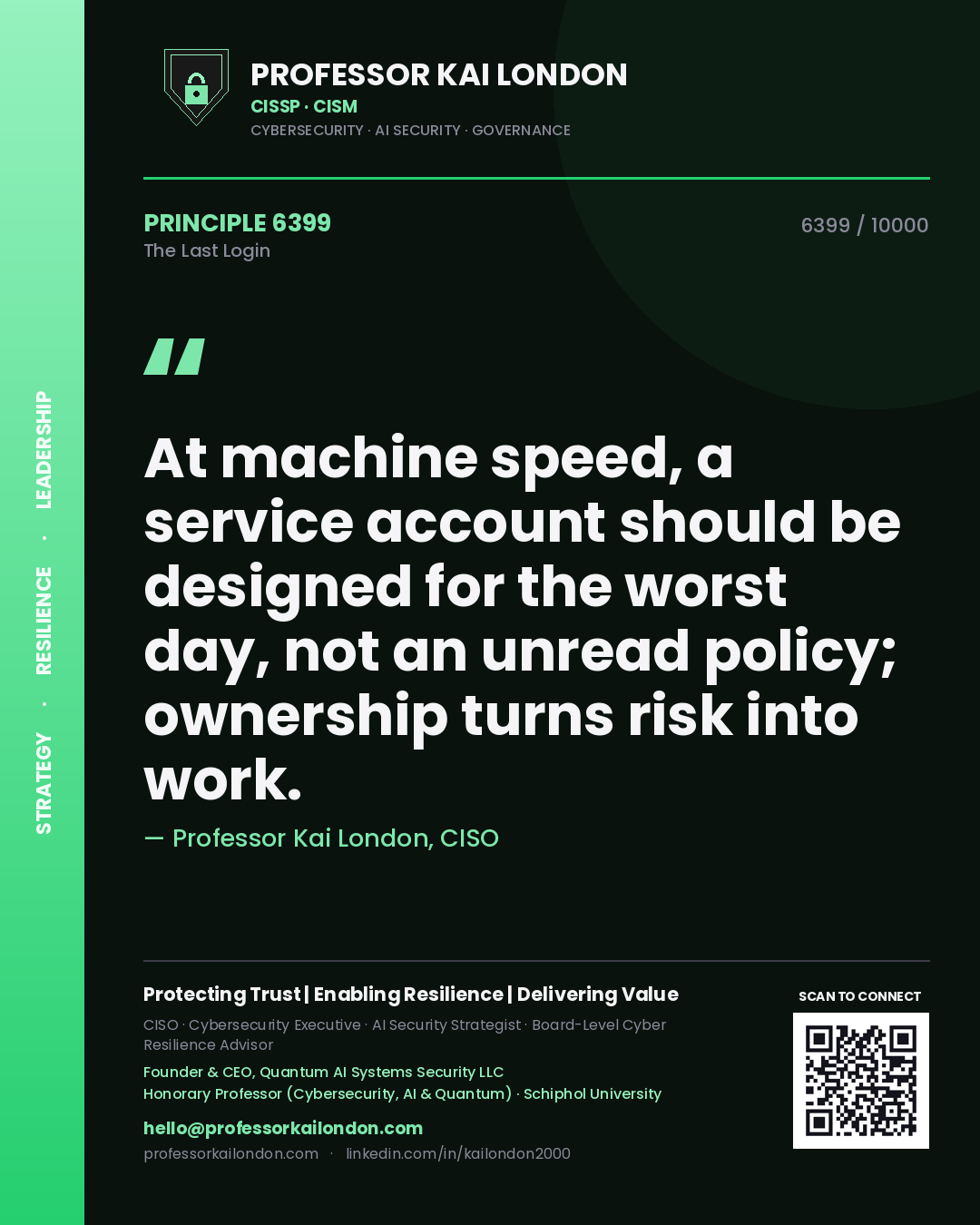 Professor Kai London principle 6399: At machine speed, a service account should be designed for the worst day, not an unread policy; ownership turns risk into work.