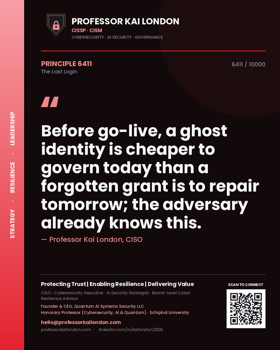 Professor Kai London principle 6411: Before go-live, a ghost identity is cheaper to govern today than a forgotten grant is to repair tomorrow; the adversary already knows this.