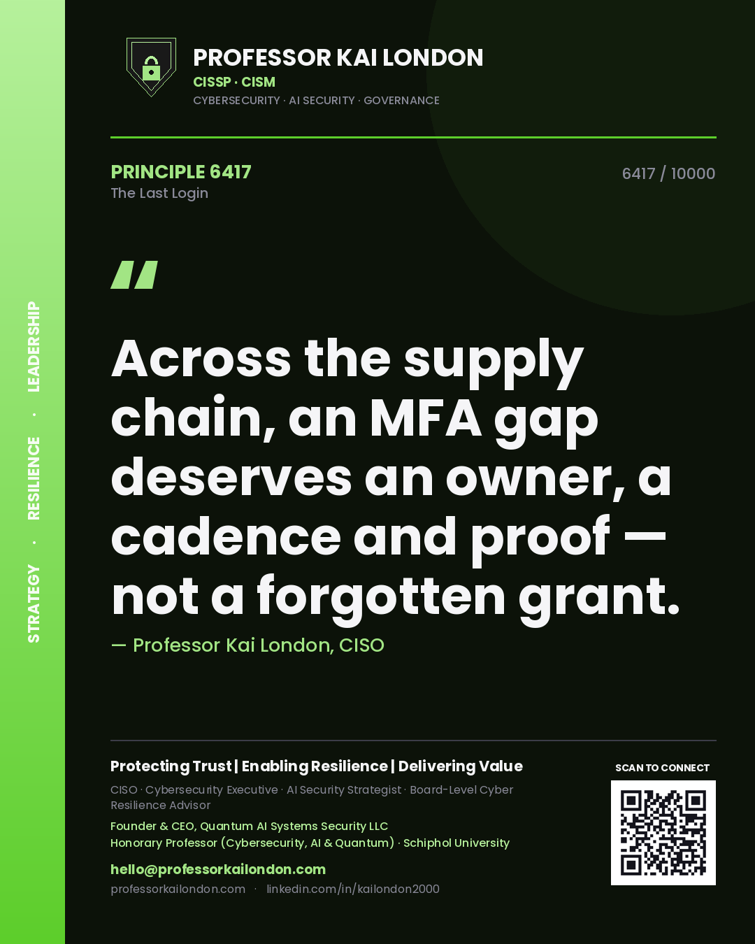 Professor Kai London principle 6417: Across the supply chain, an MFA gap deserves an owner, a cadence and proof — not a forgotten grant.