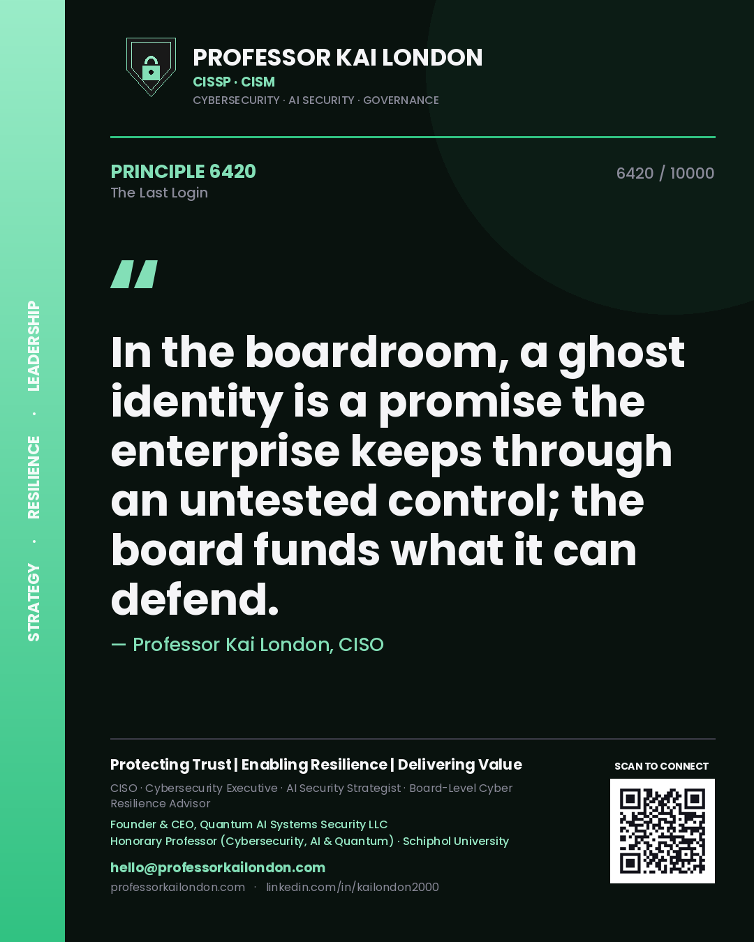Professor Kai London principle 6420: In the boardroom, a ghost identity is a promise the enterprise keeps through an untested control; the board funds what it can defend.