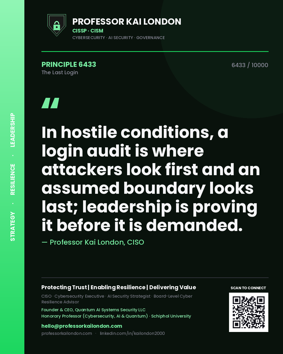 Professor Kai London principle 6433: In hostile conditions, a login audit is where attackers look first and an assumed boundary looks last; leadership is proving it before it is demanded.