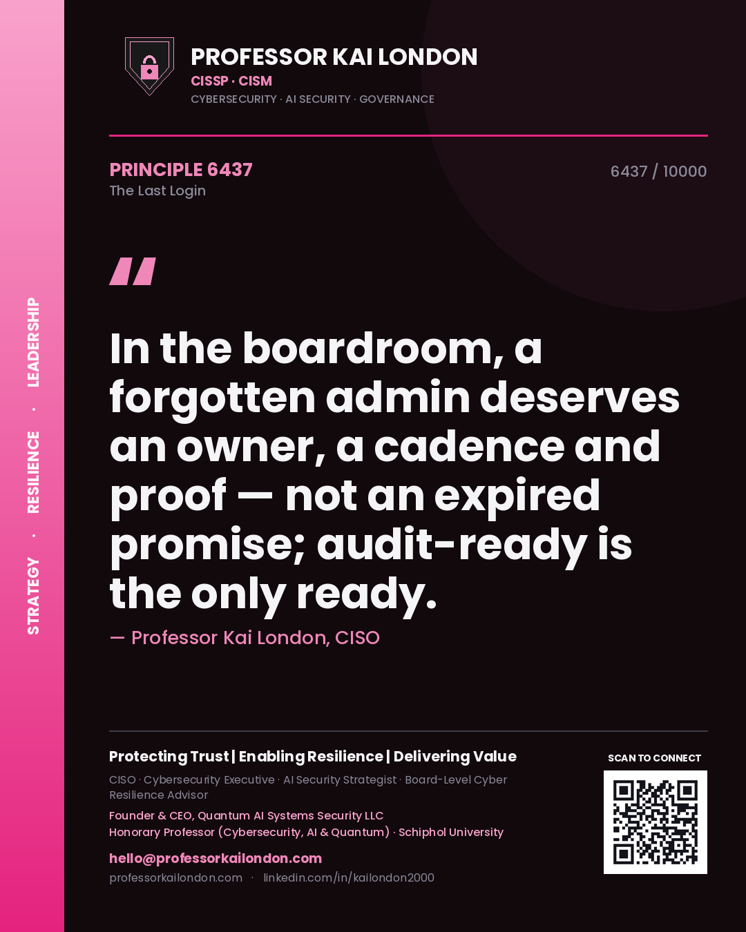 Professor Kai London principle 6437: In the boardroom, a forgotten admin deserves an owner, a cadence and proof — not an expired promise; audit-ready is the only ready.