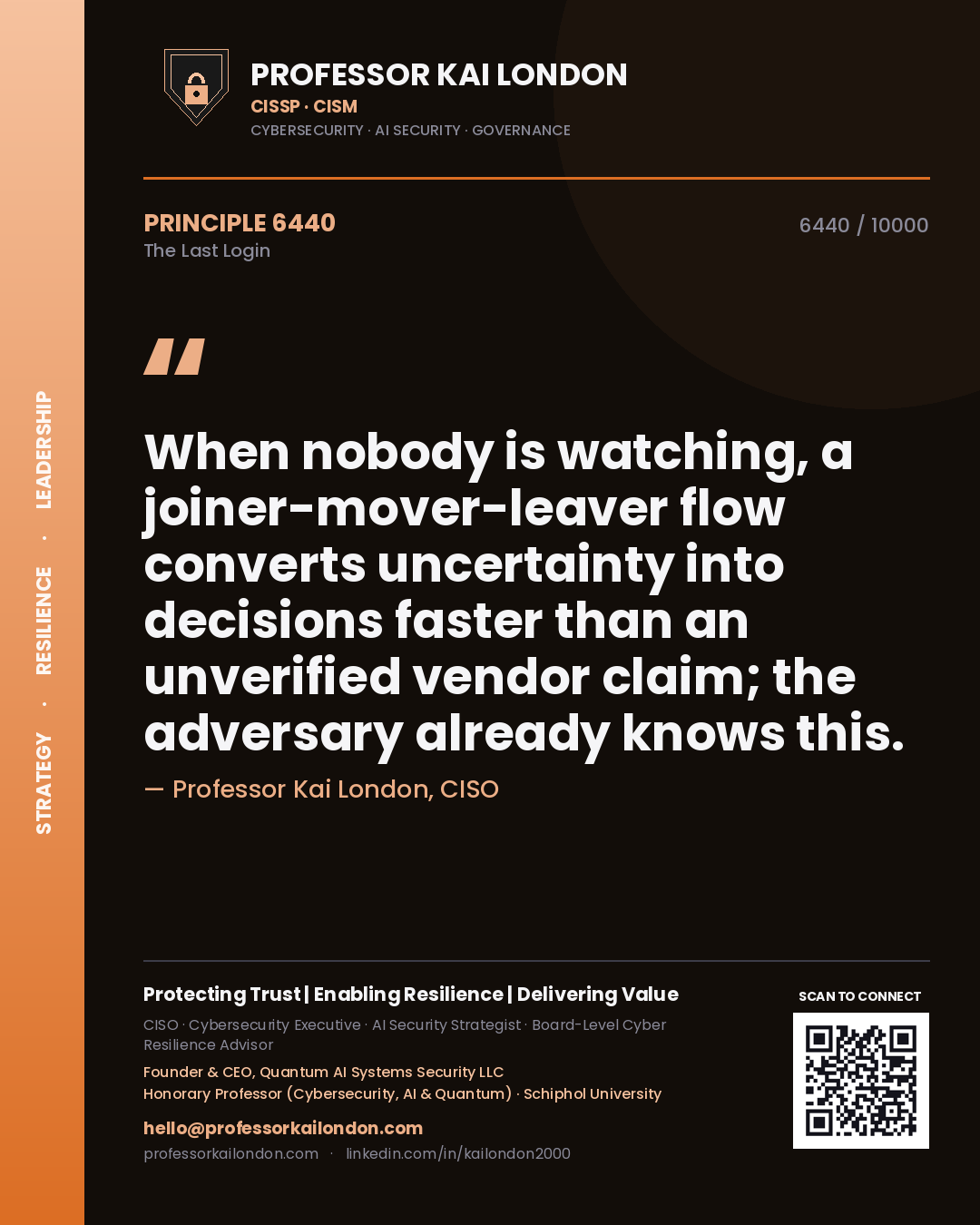 Professor Kai London principle 6440: When nobody is watching, a joiner-mover-leaver flow converts uncertainty into decisions faster than an unverified vendor claim; the adversary already knows this.