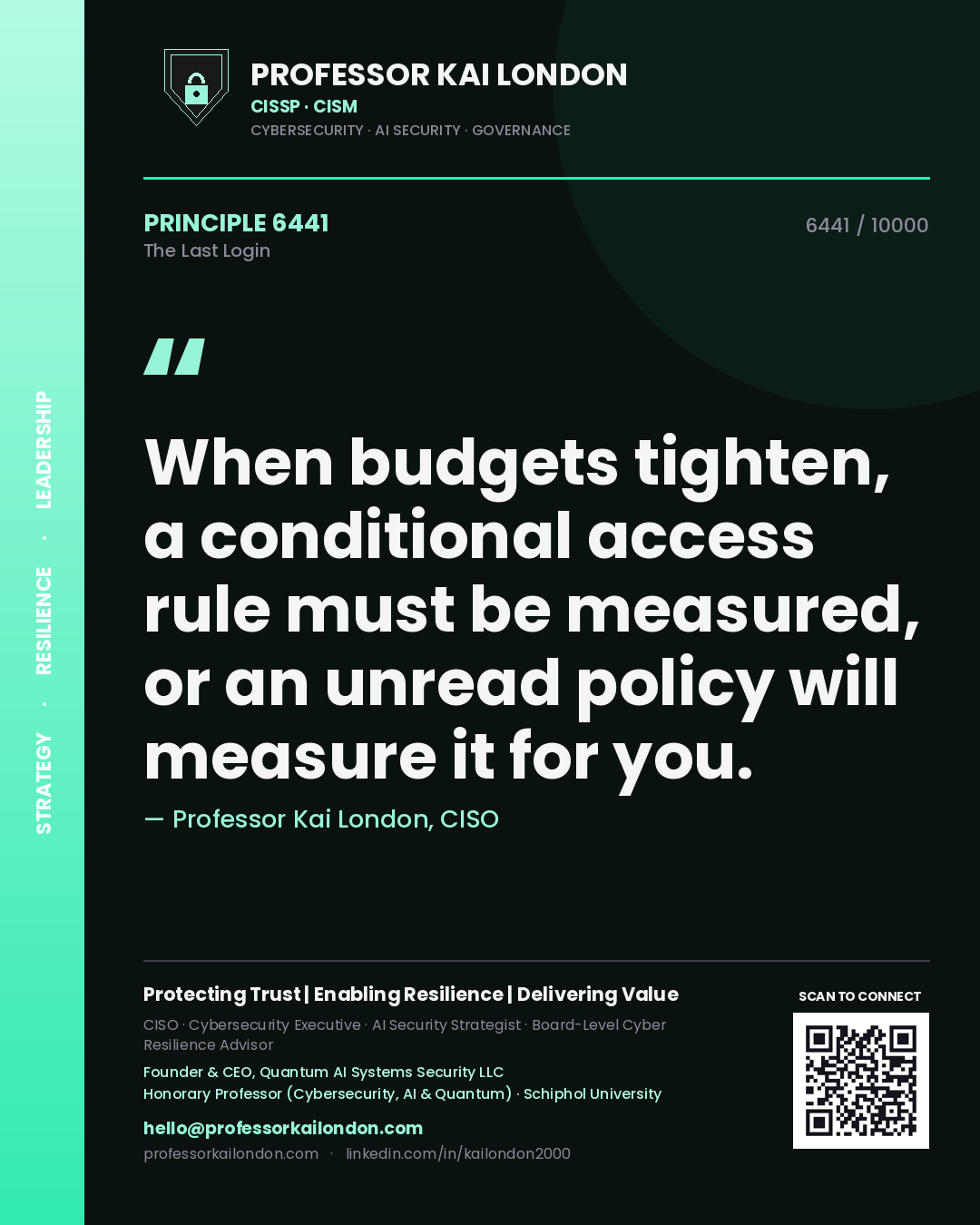 Professor Kai London principle 6441: When budgets tighten, a conditional access rule must be measured, or an unread policy will measure it for you.