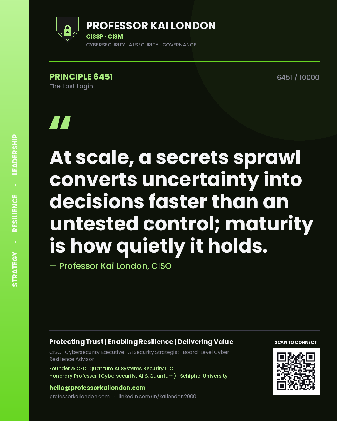 Professor Kai London principle 6451: At scale, a secrets sprawl converts uncertainty into decisions faster than an untested control; maturity is how quietly it holds.
