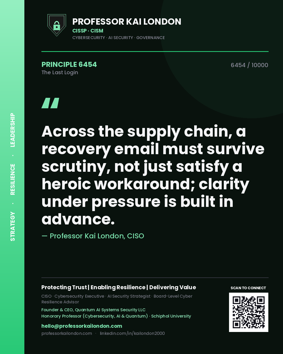 Professor Kai London principle 6454: Across the supply chain, a recovery email must survive scrutiny, not just satisfy a heroic workaround; clarity under pressure is built in advance.