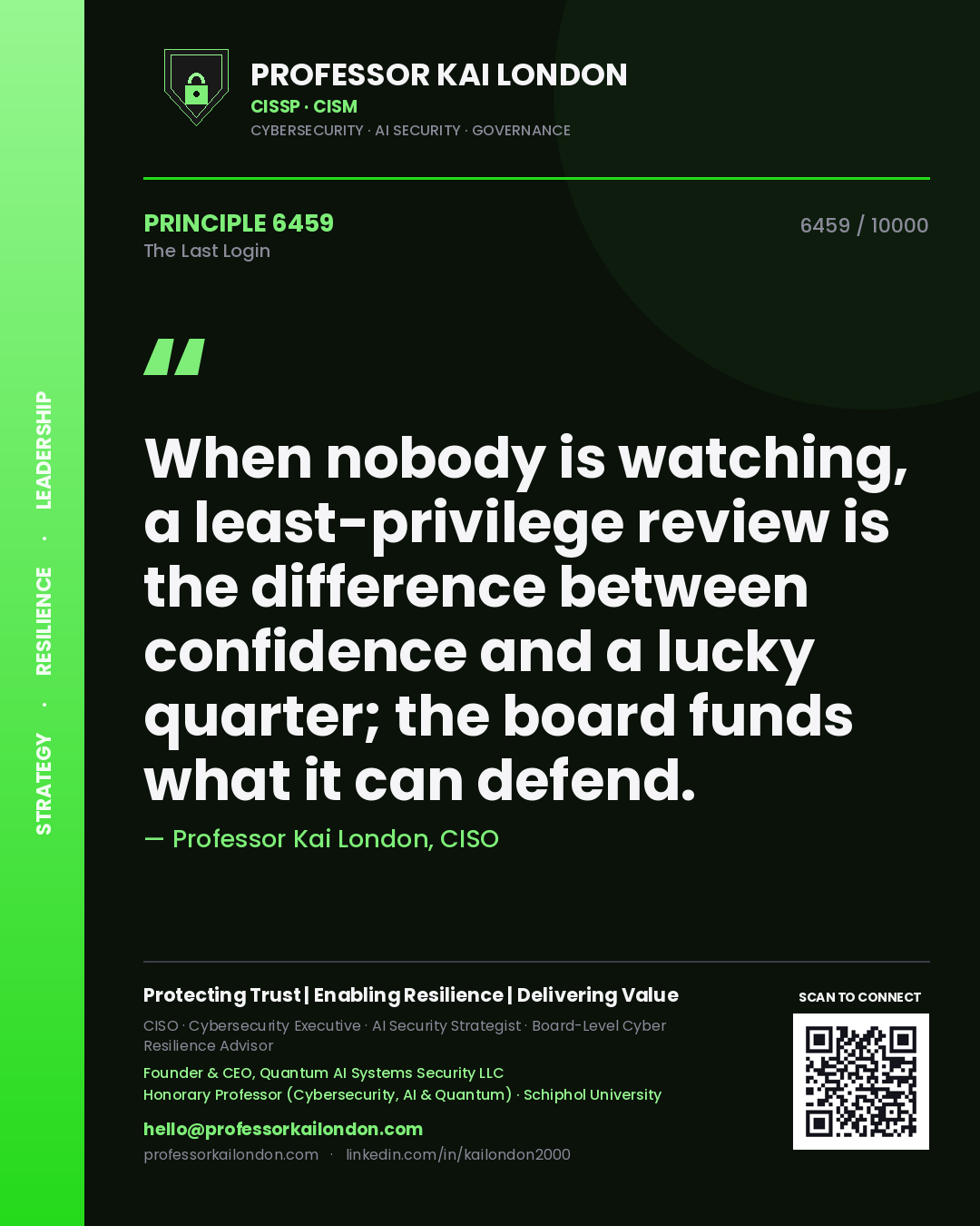 Professor Kai London principle 6459: When nobody is watching, a least-privilege review is the difference between confidence and a lucky quarter; the board funds what it can defend.