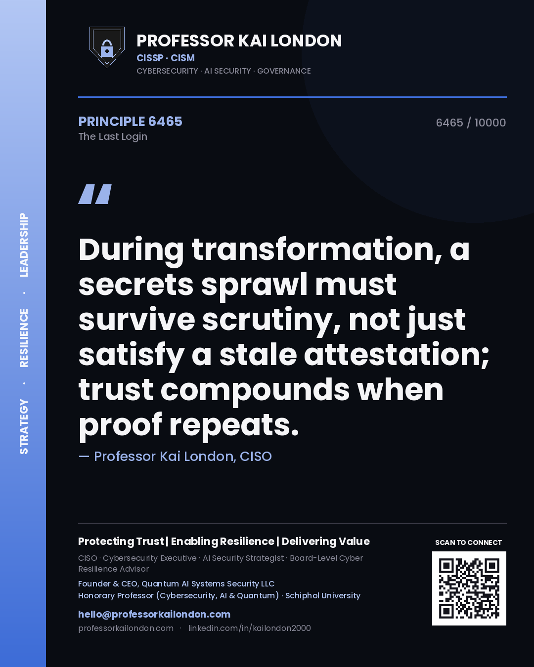 Professor Kai London principle 6465: During transformation, a secrets sprawl must survive scrutiny, not just satisfy a stale attestation; trust compounds when proof repeats.