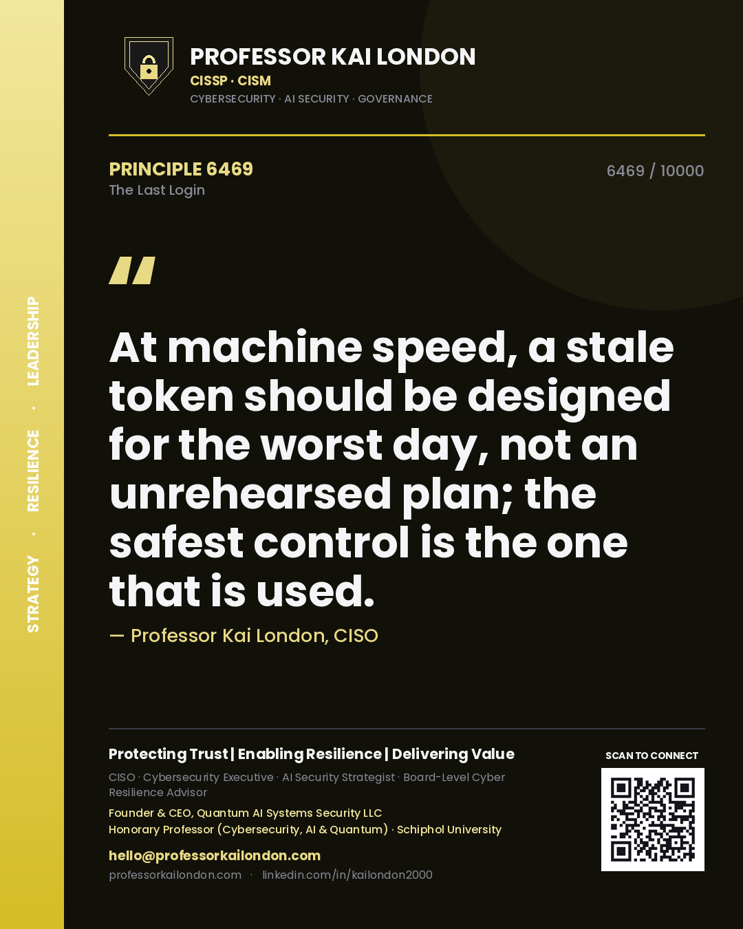 Professor Kai London principle 6469: At machine speed, a stale token should be designed for the worst day, not an unrehearsed plan; the safest control is the one that is used.