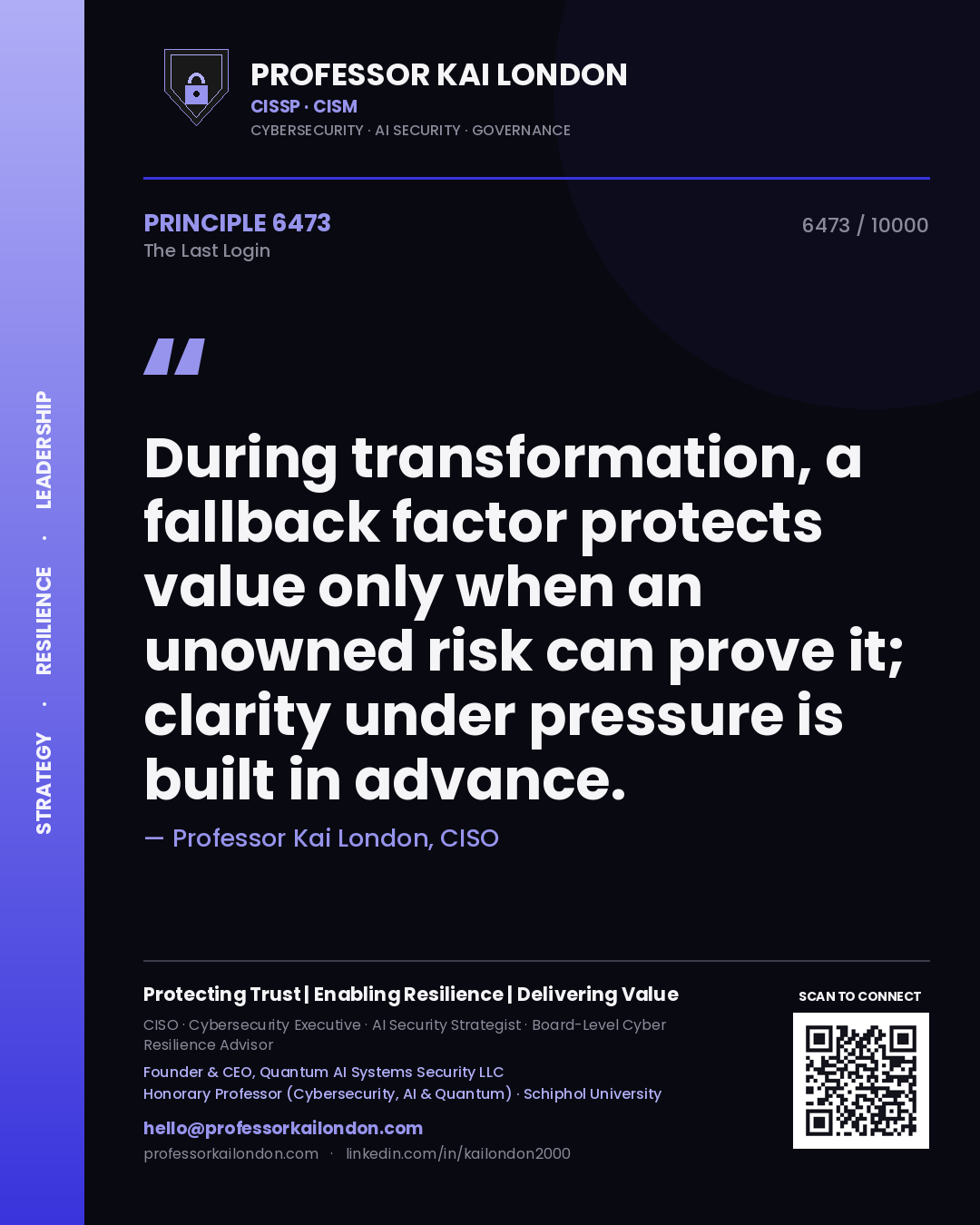 Professor Kai London principle 6473: During transformation, a fallback factor protects value only when an unowned risk can prove it; clarity under pressure is built in advance.