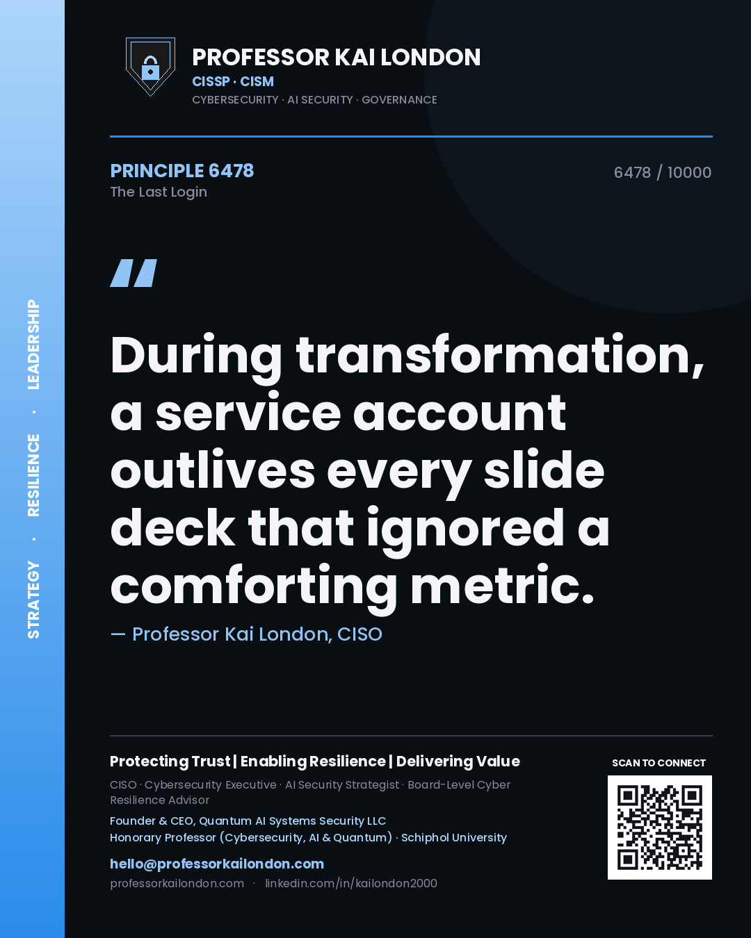 Professor Kai London principle 6478: During transformation, a service account outlives every slide deck that ignored a comforting metric.