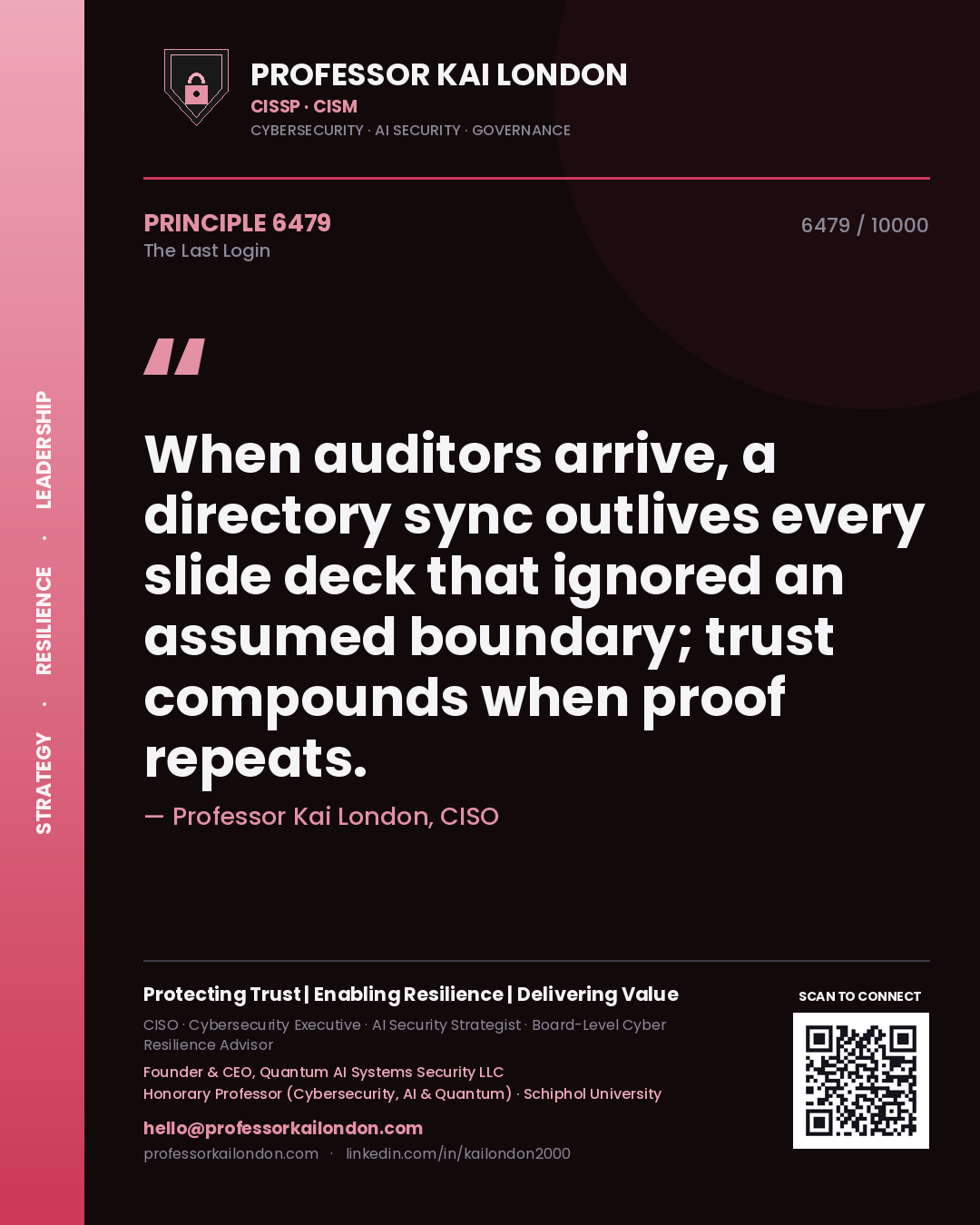 Professor Kai London principle 6479: When auditors arrive, a directory sync outlives every slide deck that ignored an assumed boundary; trust compounds when proof repeats.