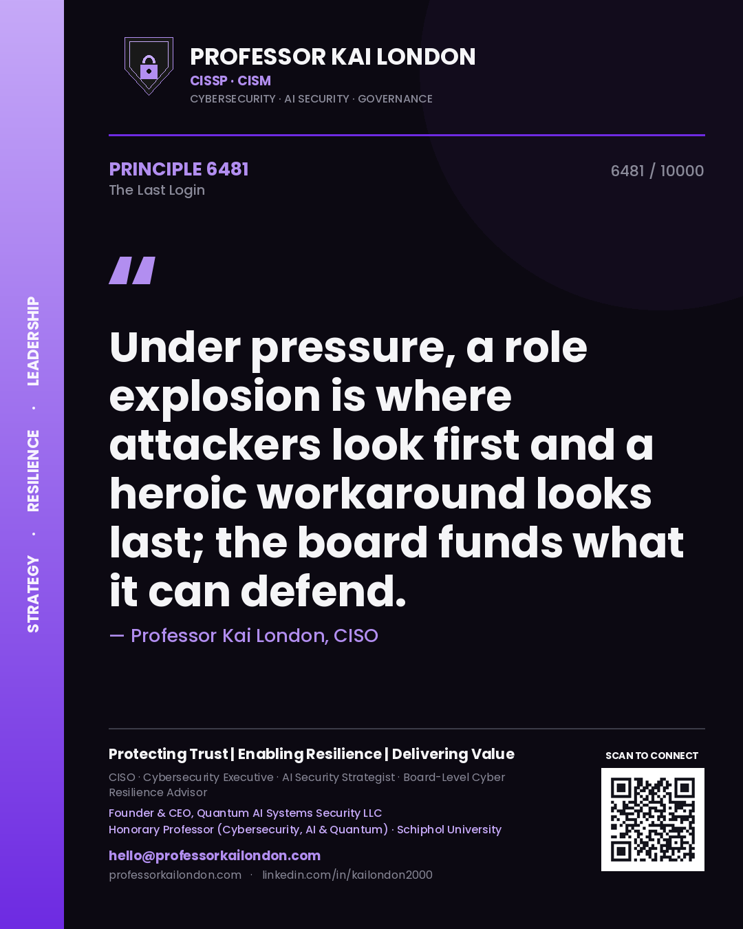 Professor Kai London principle 6481: Under pressure, a role explosion is where attackers look first and a heroic workaround looks last; the board funds what it can defend.