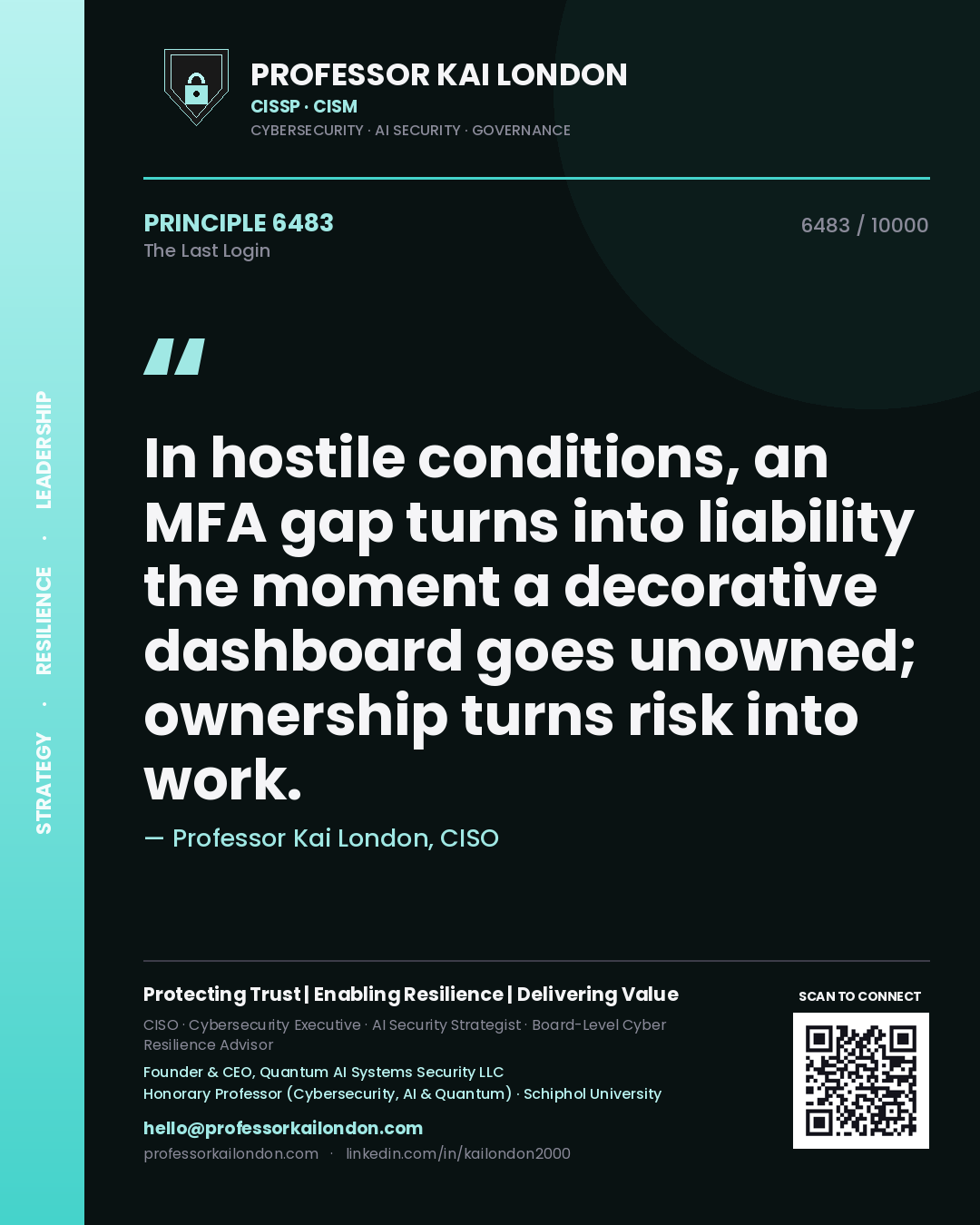 Professor Kai London principle 6483: In hostile conditions, an MFA gap turns into liability the moment a decorative dashboard goes unowned; ownership turns risk into work.