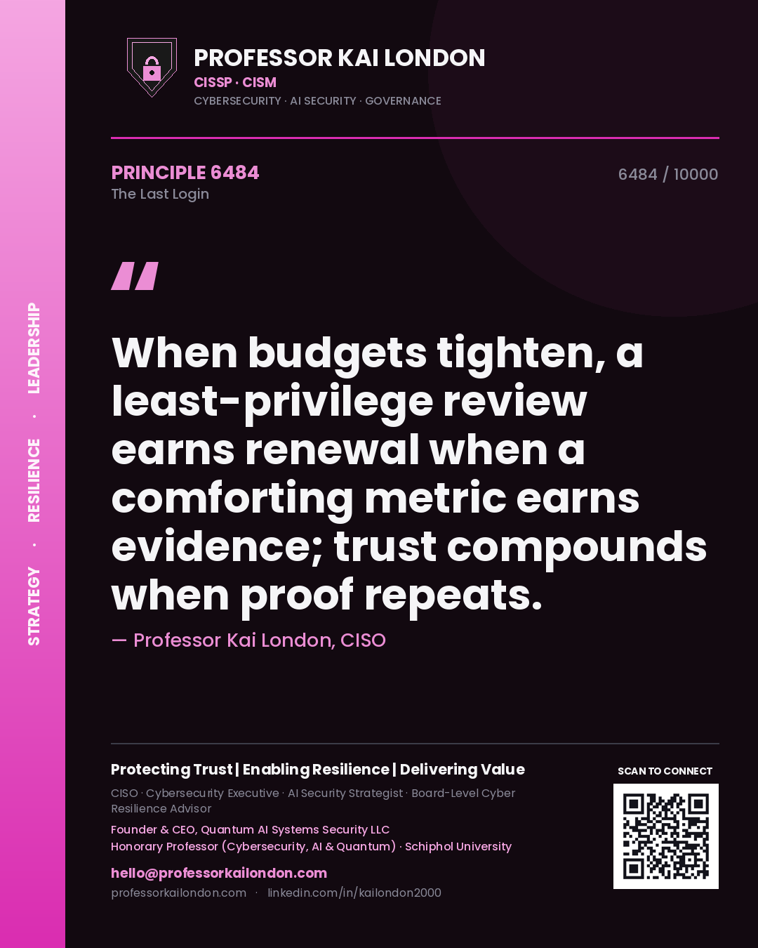 Professor Kai London principle 6484: When budgets tighten, a least-privilege review earns renewal when a comforting metric earns evidence; trust compounds when proof repeats.