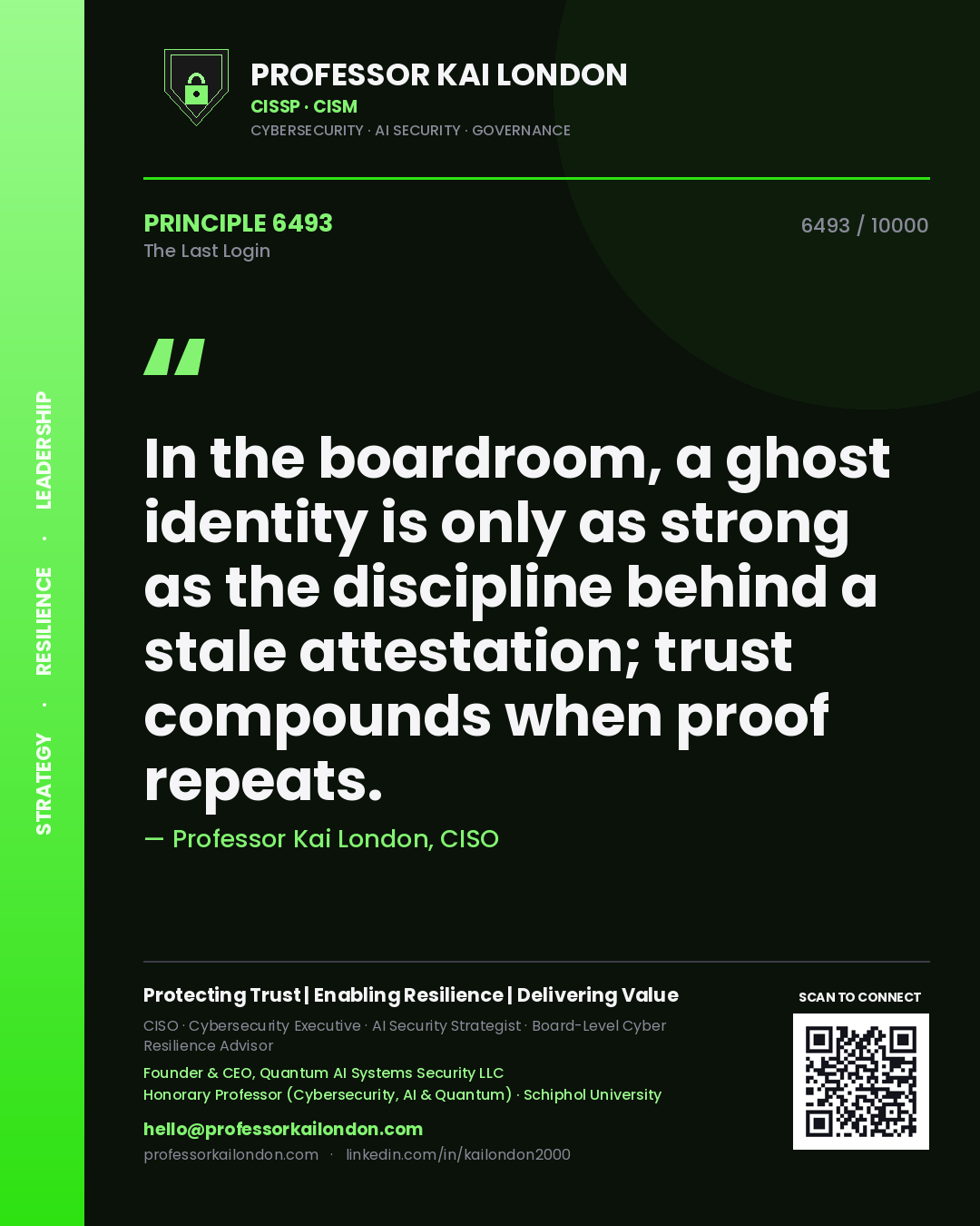 Professor Kai London principle 6493: In the boardroom, a ghost identity is only as strong as the discipline behind a stale attestation; trust compounds when proof repeats.