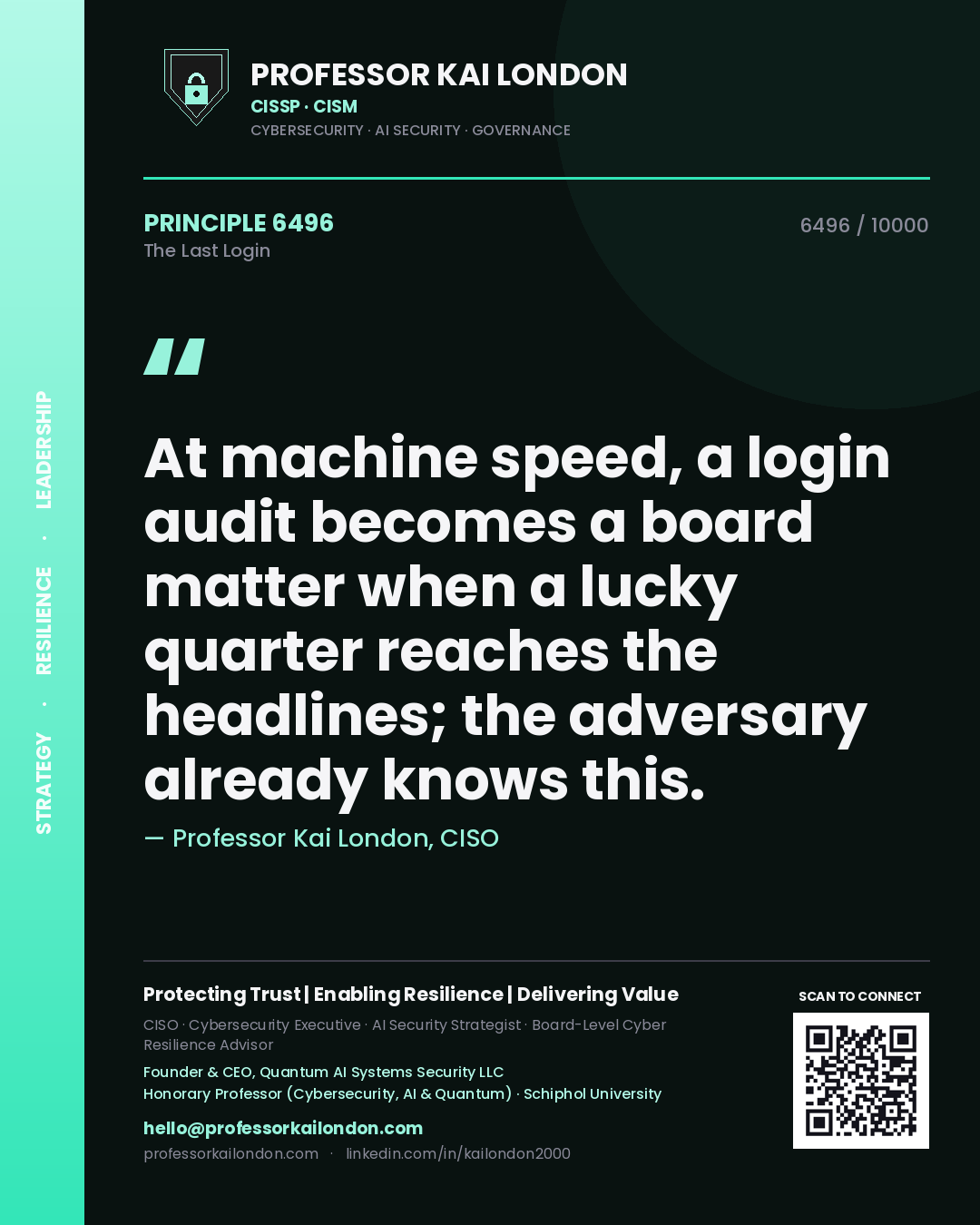 Professor Kai London principle 6496: At machine speed, a login audit becomes a board matter when a lucky quarter reaches the headlines; the adversary already knows this.